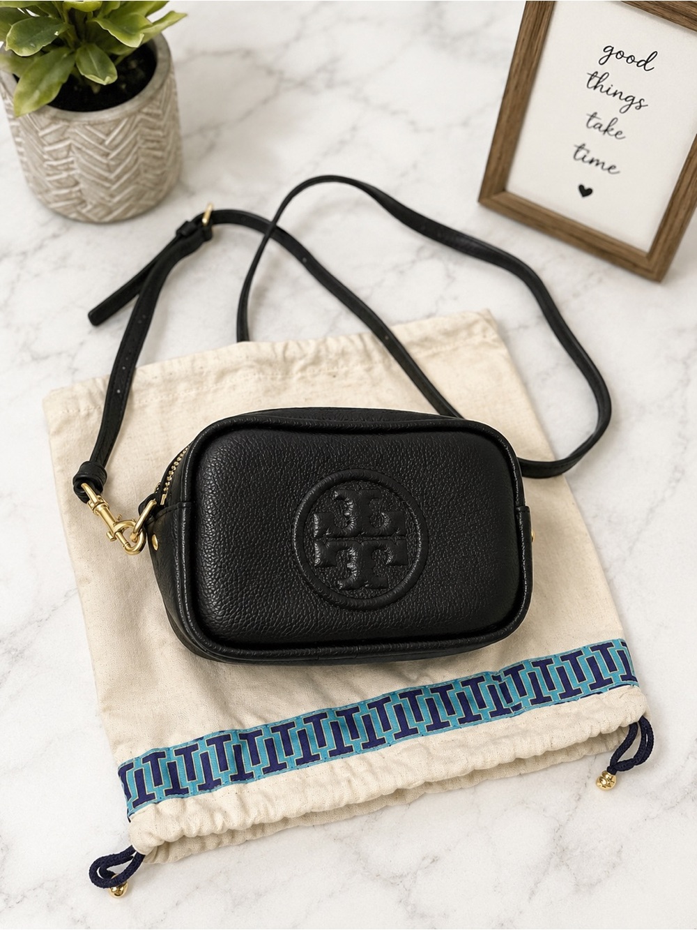 Tory Burch Black Pebbled Leather Mini Crossbody with Gold Hardware